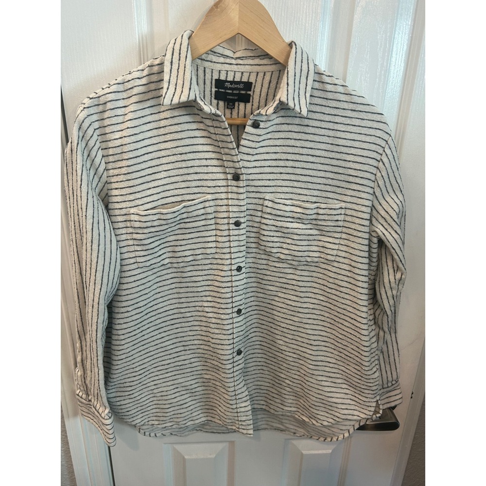 Madewell Button Down Shirt White Black Striped Oversized Textured Pocket Top
